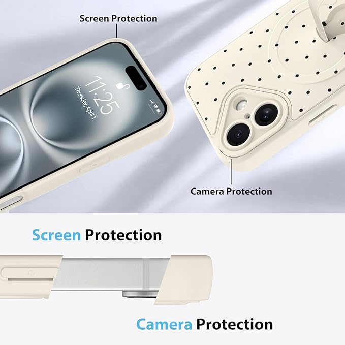 KANGHAR Compatible with iPhone 16 Case, Support for MagSafe, Silicone Spot Cute Pattern, Wristband Kickstand Camera Protection Soft Slim Cover for Girls Women -White