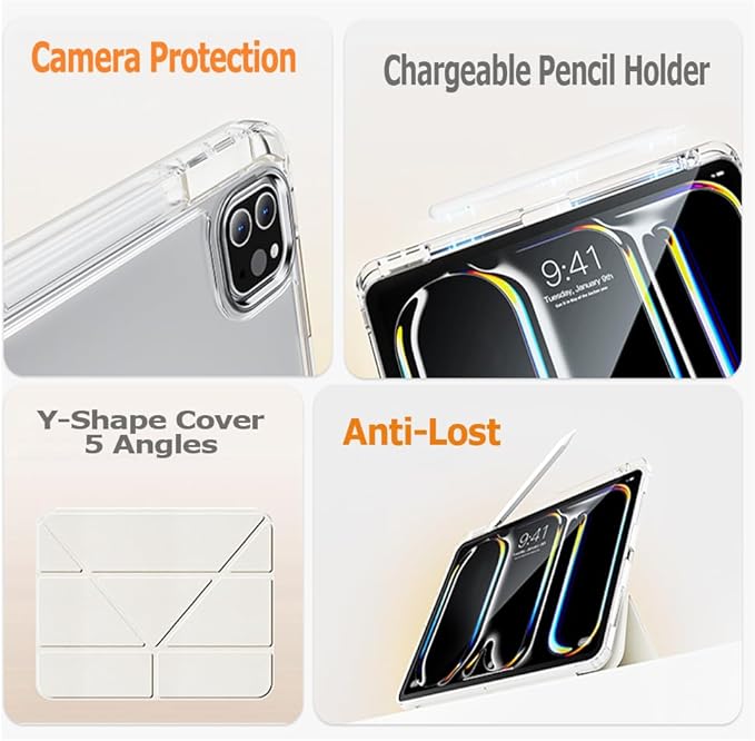 Case for iPad Pro 11 Inch 4th/3rd/2nd Generation (2022/2021/2020) with Pencil Holder, Multi-Angle Trifold Stand, Auto Wake-Sleep, Protective Clear Acrylic Backshell, Slim Smart Cute Cover (Cream)