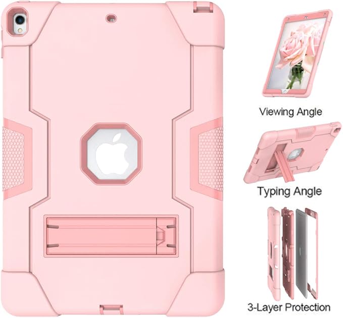 Dteck for iPad Air 3rd Gen (2019) / iPad Pro (2017) Case 10.5", Shockproof Protective Case with Kickstand, Hard Plastic Shell, 3-Layer Protection Drop Proof Sturdy Rugged Tablet Cover (Pink+Rosegold)