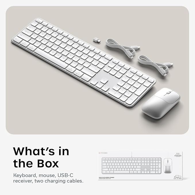 Satechi Wireless Keyboard and Mouse Combo, Slim CEX3 with Multi-Device Bluetooth Pairing and USB-C Receiver Connectivity, Designed for Full-Size Productivity Workspaces, Silver