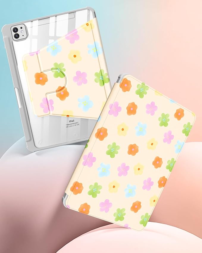 Uppuppy for iPad Pro M4/M5 Case 11 inch - 360 Degree Rotating Stand Folio Smart Cover with Pencil Holder for Women Girls, Colorful Flowers for iPad Pro 11 inch Case 2024 M4/2025 M5