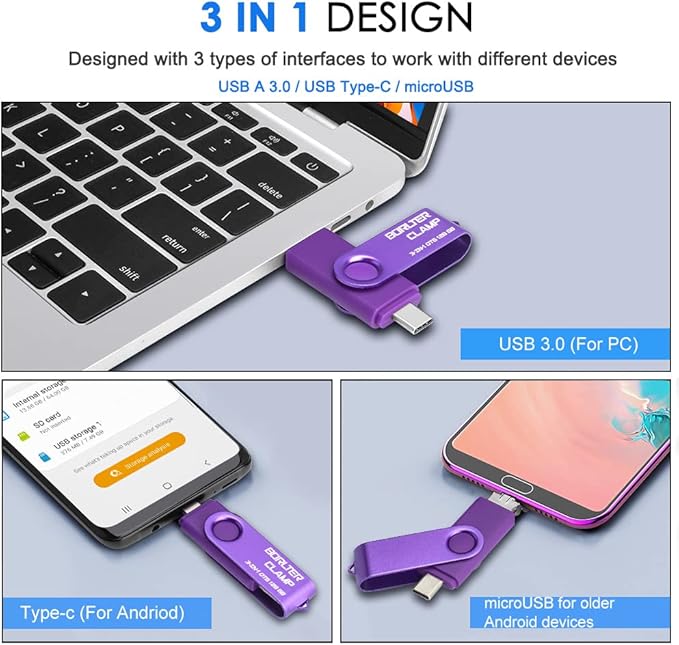 256GB 3 in 1 USB 3.0 Flash Drive Photo Stick for Android Phones, BorlterClamp OTG Memory Stick with 3 USB Ports (USB C, microUSB, USB A) for Samsung Galaxy, LG, Tablets, PC and More, Purple