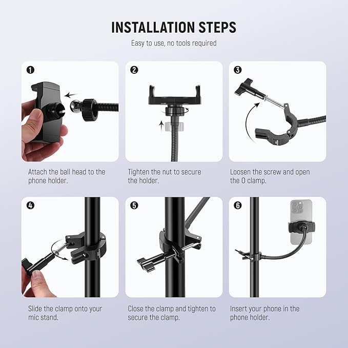NEEWER BASICS Mic Stand Phone Holder with Flexible Arm, 360° Ball Head Boom Arm Microphone Floor Music Stand Cell Phone Mount Compatible with iPhone Android Samsung Video Recording, MS009