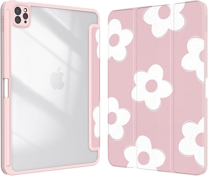 Case for iPad Pro 11 inch 4th/ 3rd/ 2nd / 1st Generation (2022/2021/2020/2018), Case with Pencil Holder, Clear Back Cover Cute Cool Design for Women Girls, Auto Sleep/Wake, Pink White Flower