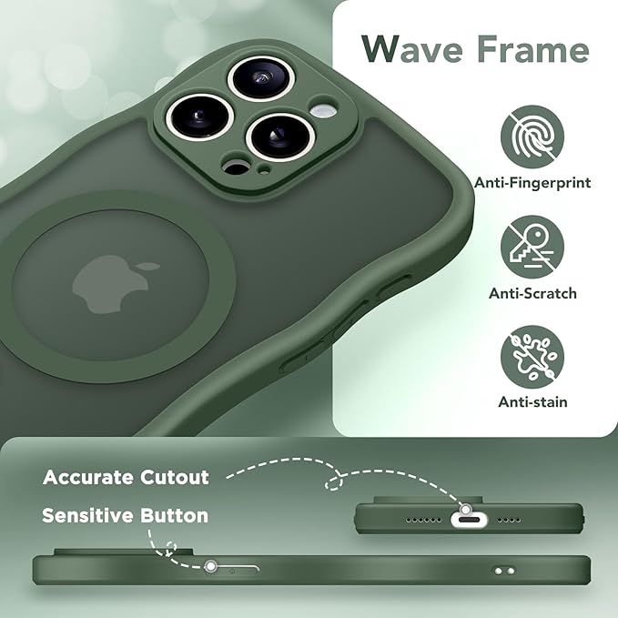 CAPRARO Cute for iPhone 15 Pro Max Case, Compatible with MagSafe, [Curly Wave Edge] [Full Camera Protection] [14 FT Drop Protection] Magnetic Phone Case for 15 Pro Max 6.7 Inch, Deep Green