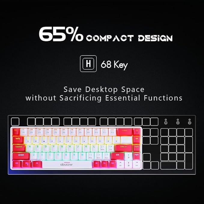 abucow 65% Wired Mechanical Keyboard – 68-Key Compact Layout, Full Anti-Ghosting, Brown Switch Swappable Red White Keycaps, for Windows/Mac