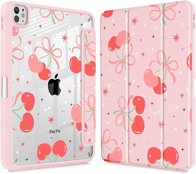 May Chen Case for iPad Pro 11-Inch M5/M4 2025/2024 (6th/5th Generation), [Penceil Holder] Trifold Stand Auto Wake/Sleep Clear TPU Protection Back Cover, Coquette Cherry