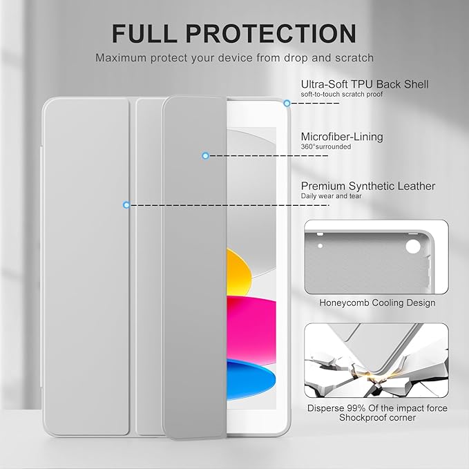 Smart Case for iPad 10.2 Inch 2021/2020/2019, for iPad 9th/8th/7th Generation Without Pencil Holder, Shockproof Cover with Soft TPU Back, Thin& Lightweight, Auto Sleep/Wake, Gray