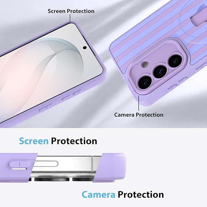 KANGHAR Compatible with Samsung Galaxy S26 Case, Support for MagSafe, Silicone Stripes Cute Pattern, Wristband Kickstand Camera Protection Soft Slim Cover for Girls Women -Purple