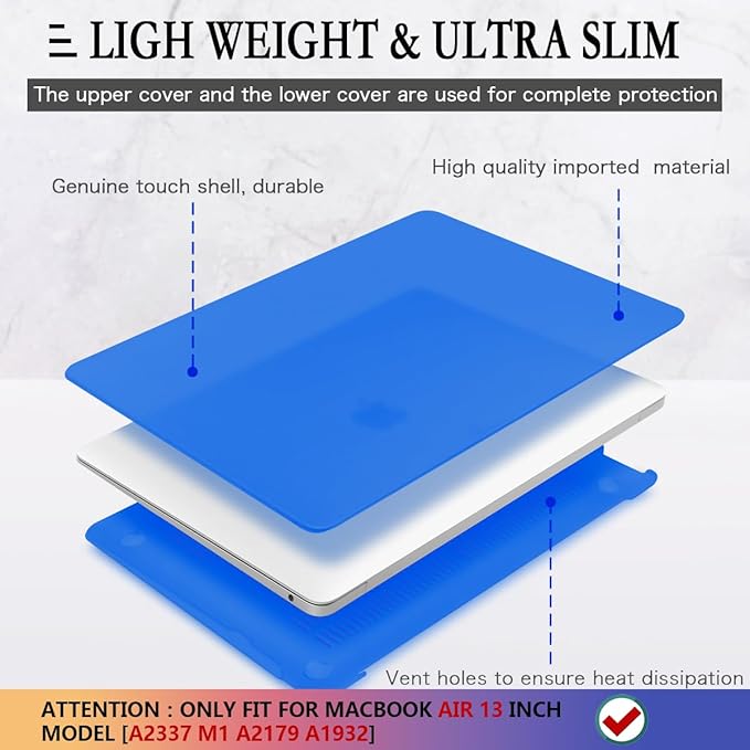 CISSOOK Matte Blue Compatible with MacBook Air 13 inch Case A2337 M1 A2179 A1932 Model 2021 2020-2018 Release, Plastic Hard Shell Cover with Keyboard Cover for Mac Air 13.3" with Touch ID, Blue