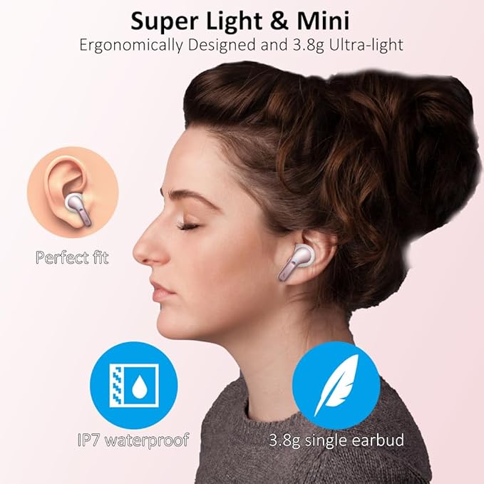 Wireless Earbud Bluetooth 5.3 Headphones, Hi-Fi Stereo Ear Buds with 4 ENC Cancelling Mics, 40H in-Ear Earphones IP7 Waterproof Sports, LED Display, Mini Headset for Laptop Pad TV Phones, Rose Gold