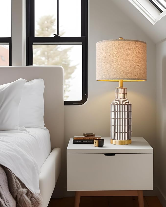 USumkky 25" Table Lamps Set of 2, Modern Ceramic Bedside Lamps - Farmhouse Brown Nightstand Lamps for Bedroom, Boho Living Room End Table & Office Desk Decor