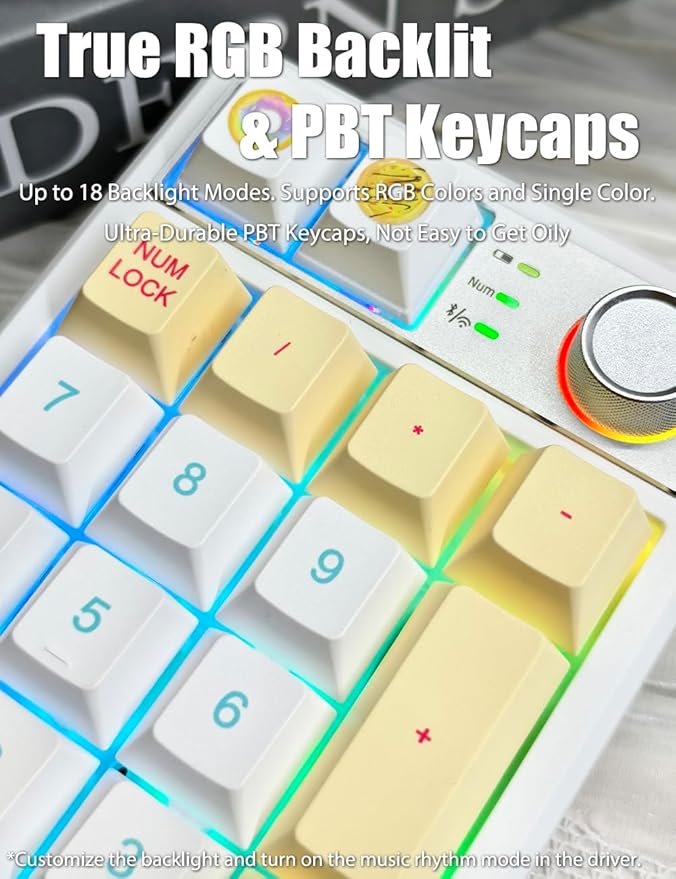Gasket Creamy Mechanical Numpad Programmable Macro Keypad Wireless 2.4G/Bluetooth 5.0/Wired USB-C RGB Backlit Hot Swappable Number Pad Rechargeable Numeric Keyboard Metal Knob, Donut