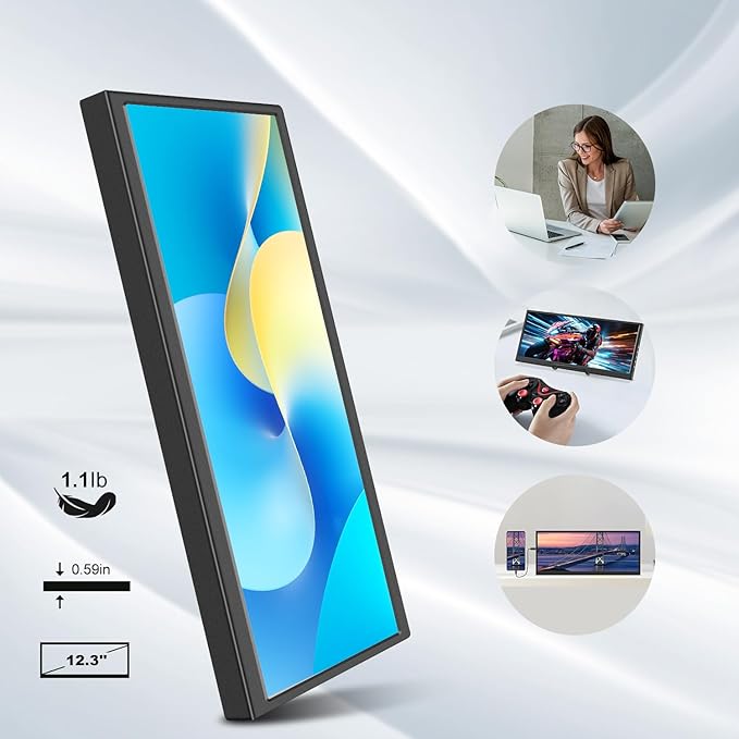 Prechen 12.3 Inch Touchscreen Secondary Monitor, IPS Stretched Bar LCD Travel Touch Display 1920 * 720 HDMI USBC, Portable Touch Screen for Laptop Computer Windows Aida64 GPU CPU RAM Monitoring