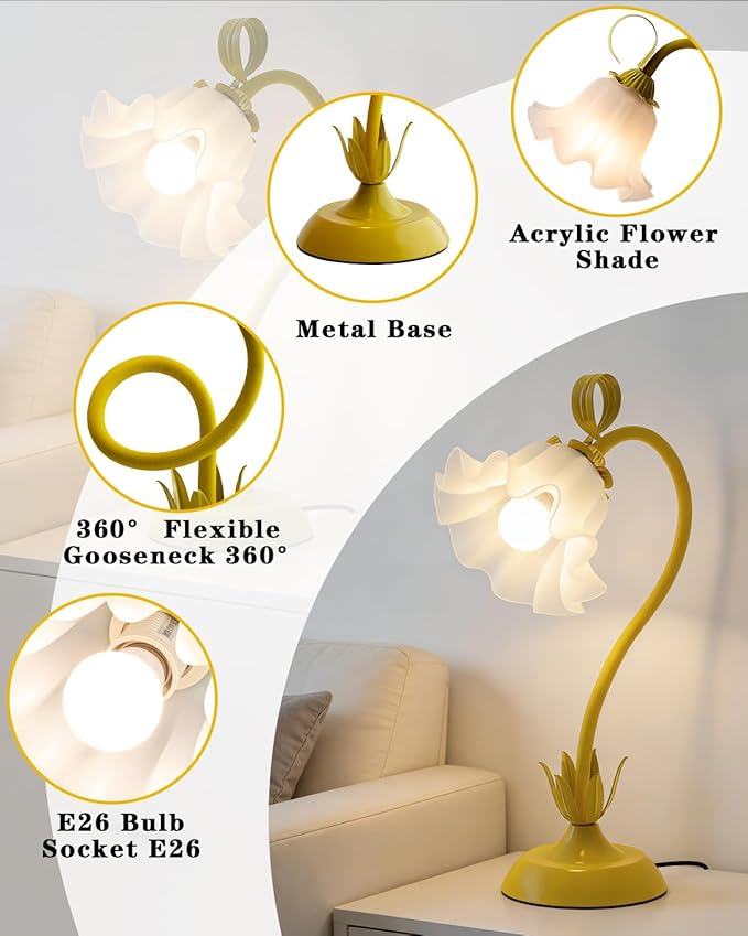 WERFOP Flower Table Lamp, LED Reading Light Vintage Bedside Table Lamp with 3 Color Modes for Nightstand, Kawaii Decoration for Home Bedroom Living Room (Yellow)