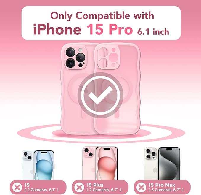 CAPRARO Cute for iPhone 15 Pro Case, Compatible with MagSafe, [Curly Wave Edge] [Full Camera Protection] [14 FT Drop Protection] Magnetic Phone Case for 15 Pro 6.1 Inch, Peach Pink