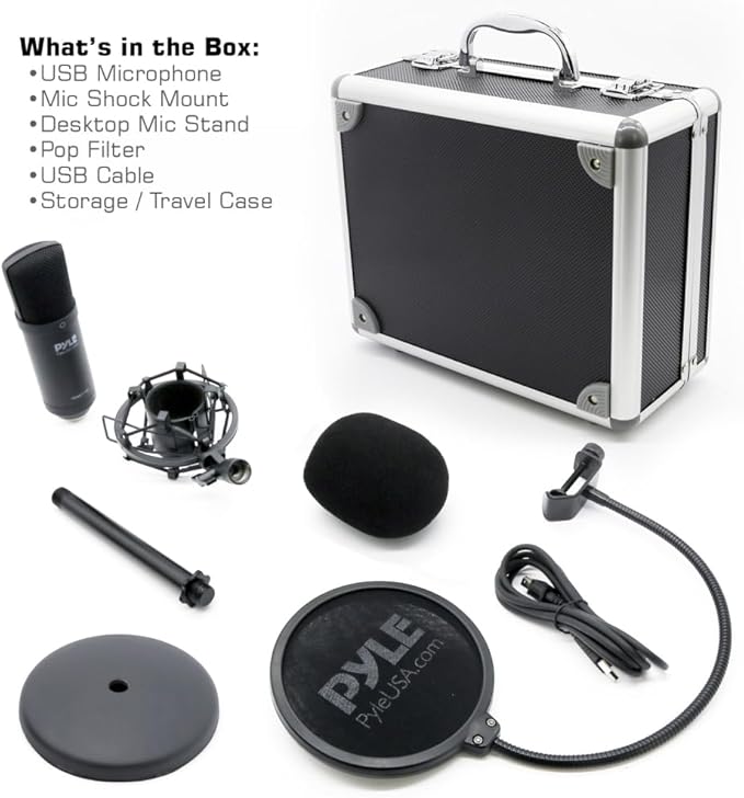 USB Microphone Podcast Recording Kit - Audio Cardioid Condenser Mic w/Desktop Stand and Pop Filter - for Gaming PS4, Streaming, Podcasting, Studio, YouTube, Works w/Windows Mac PC - Pyle PDMIKT120