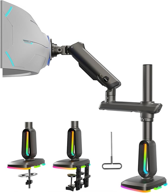 HUANUO RGB Heavy Duty Monitor Arm for Ultrawide Screens up to 57", Holds 44 lbs, Tall Ultrawide Monitor Stand with 29.1" Max Height, Fully Adjustable Single Computer Desk Mount, Max VESA 100x100mm