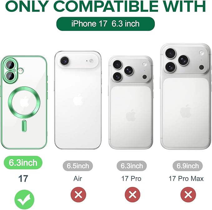 Hython Magnetic Clear for iPhone 17 Case with Camera Lens Protector [Compatible with MagSafe] Luxury Plating Edge Slim Soft TPU Cover Protective Phone Case for iPhone 17 6.3", Light Green