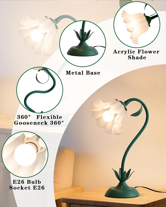 WERFOP Flower Table Lamp, Cute LED Reading Bedside Night Light, 3 Color Modes Vintage Desk Lamp, Kawaii Aesthetic Decor for Dorm Bedroom Living Room (Dark Green)