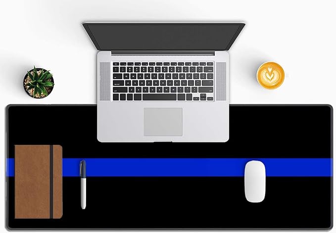 Extended Gaming Mouse Pad Big, Thin Blue Line Long Mouse Pad Large, 31.5x11.8in Non-Slip Rubber Base Black Mousepad, Stitched Edges Keyboard Mouse Mat Desk Pad