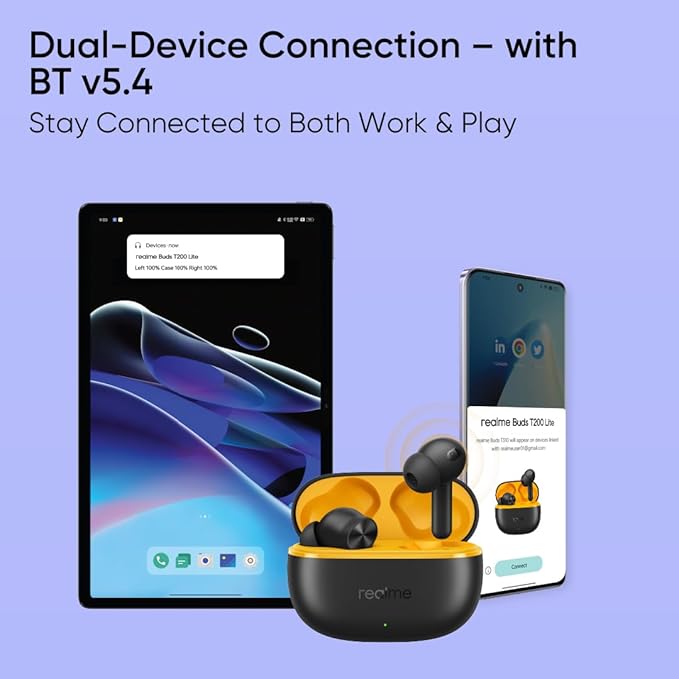 realme Buds T200 Lite Bluetooth in Ear Earbuds,4 Mic, AI ENC for Calls,48 Hours Total Playback with Fast Charging and Ultra Low Latency Gaming TWS, Google Fast Pair, with mic - (Black)