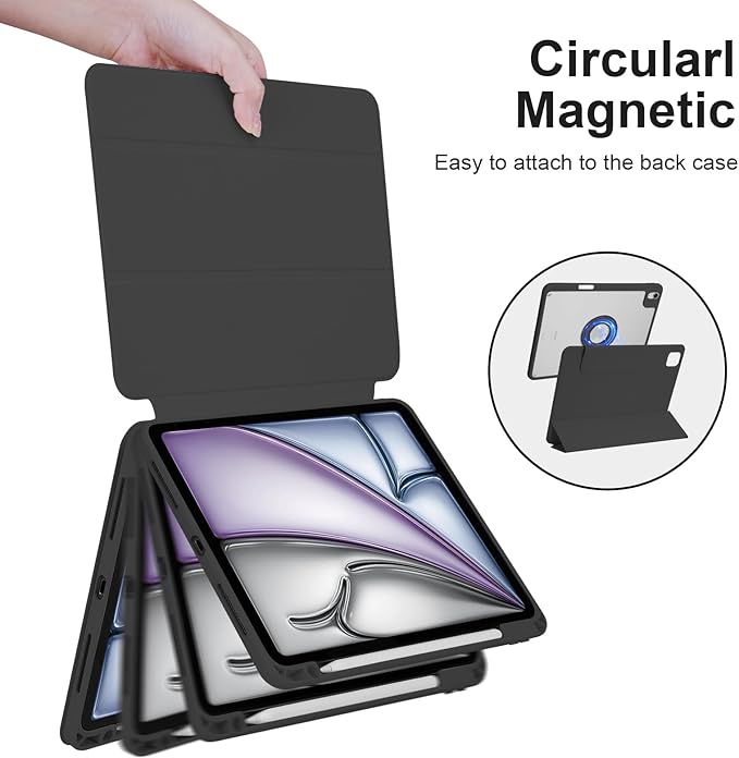 Case for iPad Air 13 Inch M4/M3/M2 2026/2025/2024, iPad Pro 12.9 Inch 6th/5th Gen. 2022/2021 with Pencil Holder, Vertical Stand, Detachable Magnetic Trifold Stand Case,Auto Wake/Sleep, Black