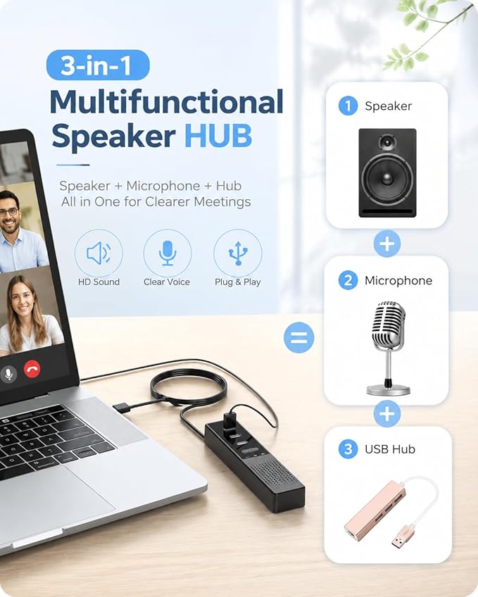 3 in 1 USB Computer Speaker with Microphone, PC Laptop Desktop Conference Speaker with Mic for Smart Home Office and Online Study，360 Degree Enhanced (Classic)