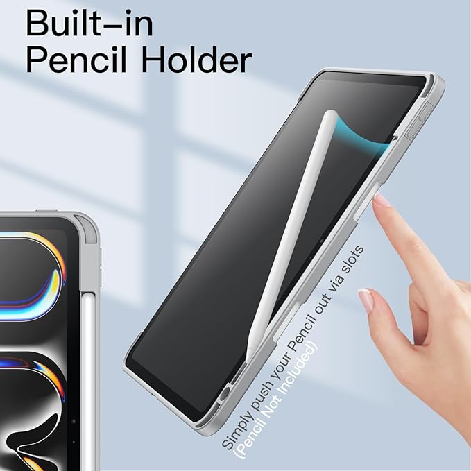 JETech Case for iPad Pro 11-Inch M5/M4 2025/2024 (6th/5th Generation) with Pencil Holder, Clear Transparent Back Shell Slim Stand Shockproof Tablet Cover, Auto Wake/Sleep (Silver)