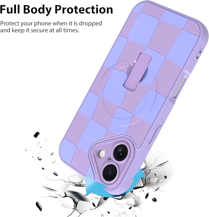 KANGHAR Compatible with iPhone 16 Case, Support for MagSafe, Silicone Checkered Cute Pattern, Wristband Kickstand Camera Protection Soft Slim Cover for Girls Women -Purple