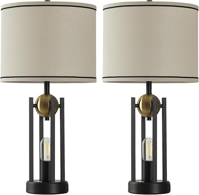 25'' Farmhouse Table Lamps for Living Room Set of 2 with USB C+A Ports, Rustic Vintage Bedside Lamp for Bedroom, Touch Lamps for Nightstand, Dual Lights Independent Switch, Bulb Included, Gold