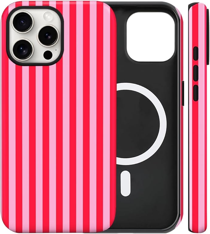 Magnetic for iPhone 16 Pro Max Case Cute Stripes Phone Case, Shockproof Slim TPU and Hard PC Protective Phone Cover Compatible with MagSafe Designed for Women Girls, Red and Pink