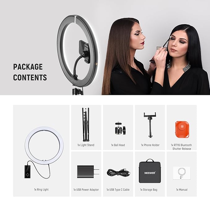 NEEWER 12" 24W High Power LED Ring Light with 71" Tripod Stand Phone Holder Compatible with iPhone for Video Recording Makeup Selfie Studio Streaming TikTok, Bi Color Ringlight Lighting, RH12B