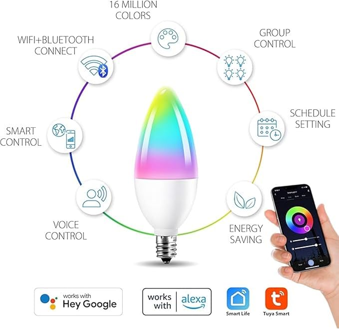 Candelabra Smart Light Bulbs 60W Equivalent, 450LM 5W LED Bulb Compatible with Alexa/Google Home, RGBCW 16 Million Color Changing Light Candle Bulb, No Hub Required, 2.4G (E12) (1)