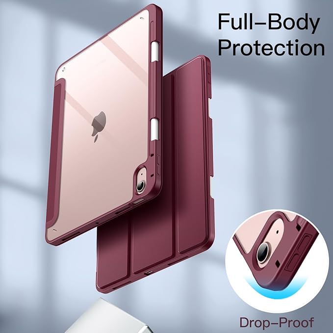 JETech Case ONLY for iPad Air 11-Inch M4/M3/M2 (2026/2025/2024), iPad Air 5/4 (2022/2020 5th/4th) with Pencil Holder, Clear Transparent Back Slim Stand Shockproof Tablet Cover (Wine)