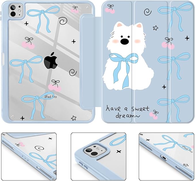 May Chen Case for iPad Pro 11-Inch M5/M4 2025/2024 (6th/5th Generation), Clear Transparent Print Back Shell Slim Stand Shockproof Tablet Cover, Auto Wake/Sleep, Blue Bows Dog