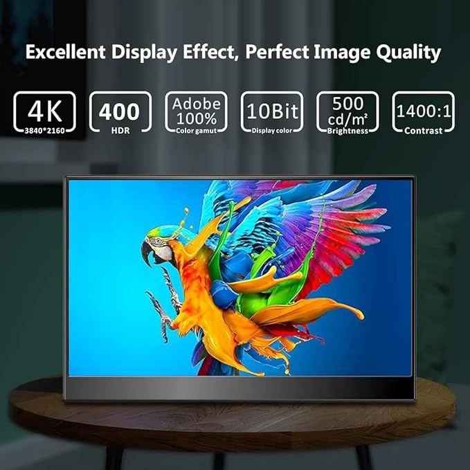 4k Portable Monitor, 14 Inch Portable Monitor USB C, 10-Bit Adobe 95% HDR Game Display with USB C/HDMI/Mini DP Compatible with Laptop/Game Console/PC/Surface