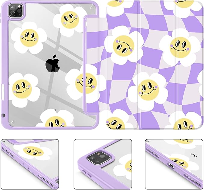 Tuiklol for iPad Pro 12.9 Inch 6th/5th/4th/3rd Generation 2022 2021 2020 2018 Case,Built-in Pencil Holder Clear Transparent Protective Back Shell Cover with Auto Sleep/Wake, Checkered Smile Flowers