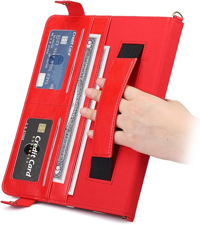 Handbag Case for iPad Pro 11-inch M5 M4 (2025/2024) - Techcircle Folio Stand iPad Crossbody Wallet Case with Pencil Holder, Hand Strap+Shoulder Strap Protective Cover, Red