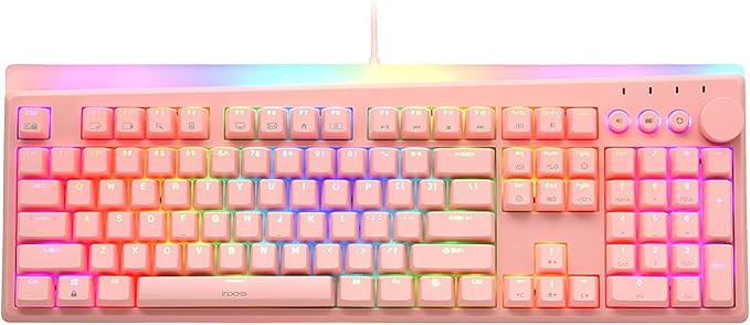 i-rocks K71M RGB Mechanical Gaming Keyboard with Media Control Knob, Switches (Blue), 107 Keys w/Full NKRO, PBT Keycaps, Multimedia Hotkeys, Detachable USB-C Cable and Onboard Storage, Pink