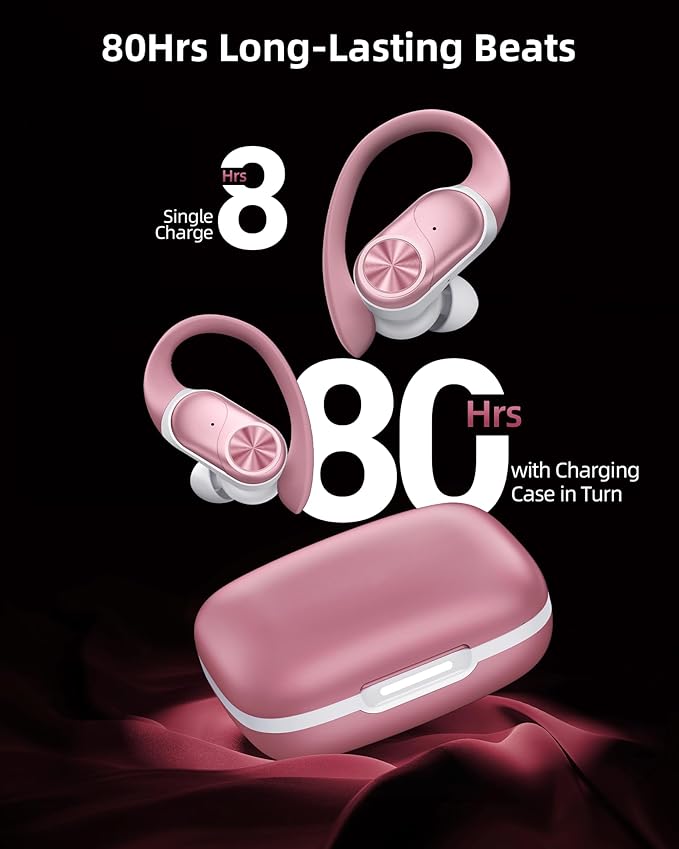 PocBuds Bluetooth Headphones Wireless Earbuds 80hrs Playtime Wireless Charging Case Digital Display Sport Ear Buds with Earhook Deep Bass IPX7 Waterproof Over-Ear Earphones for Phone Laptop Rose Gold