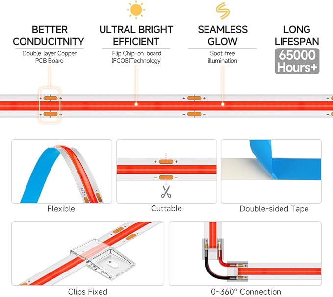 BTF-LIGHTING FCOB COB LED Strip Red Color 480LED/m 16.4FT DC24V Flexible High Density Uniform Light 8mm Width Bright Dimmable for Home Indoor Decor(No Adapter or Controller)