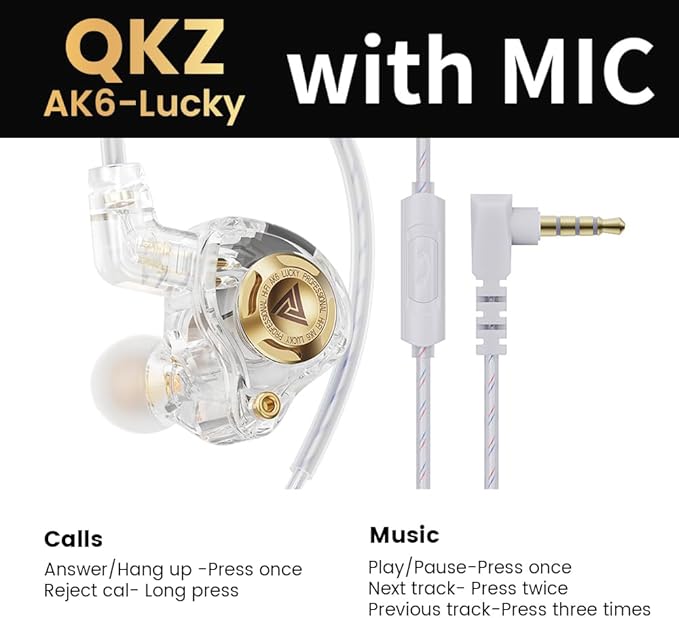 Qkz Ak6 Lucky in Ear Monitor, HiFi Wired Earbuds, Tunable Sound Wired Headphones Gaming Earbuds with 3-Level Adjusting Switch, Detachable Cable for Music Gaming Video Calling (White)