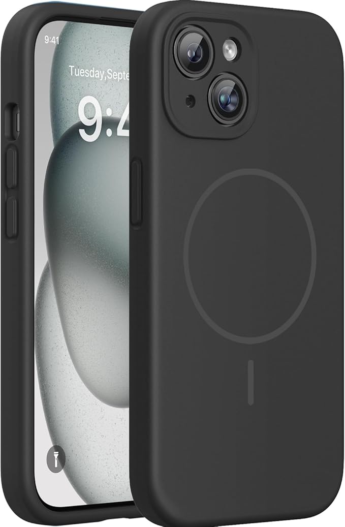 Miracase Magnetic for iPhone 15 Case, [Soft Anti-Scratch Microfiber Lining], Compatible with MagSafe, Liquid Silicone Case Shockproof Drop Protection Phone Case for 15, Black Magnetic