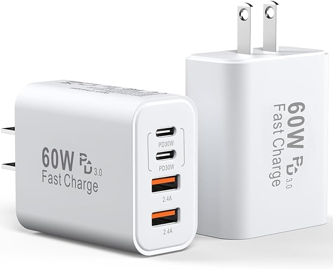 USB C Charger Block, 2Pack 60W 4 Ports Type C Fast Phone Charging Cubes PD USBC Wall Plug+QC 3.0 USB A Charger Head Power Brick Box for iPhone 16/15/14/13/12/11 Pro Max, Samsung Galaxy, Pixel