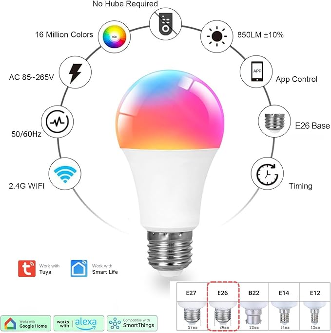 A19 Smart Light Bulb, 9W 900LM RGB+CCT LED Bulb - 16 Million Vibrant DIY Colors, Music Sync via Tuya, Works with Alexa & Google Assistant - 2.4GHz No Hub Required for Home Decor(2Pack)