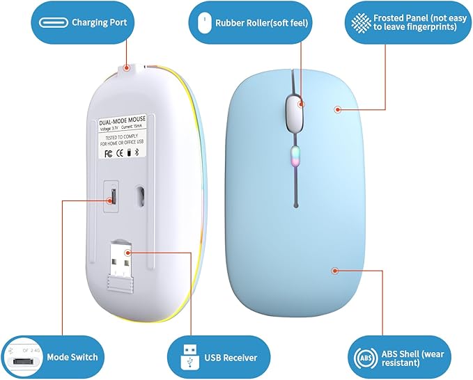 Wireless Bluetooth Mouse, Rechargeable, LED, Silent, Ultra-thin Design (Bluetooth 5.2 and 2.4GHz USB Receiver) | Portable Computer Mouse for Laptops, iPads, MacBooks and Apple Devices (blue)