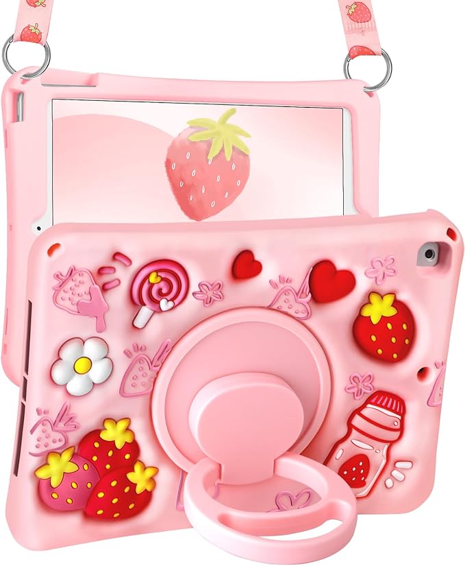 Boaretiu for iPad 6th/5th Generation Case 2018 2017 - for iPad 9.7 Inch Soft Silicone Cute Cartoon Strawberry with Shoulder Strap & Rotating Stand 3D Kawaii for Girls Girly Teens Women for Air1 Air2