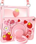 Boaretiu for iPad 6th/5th Generation Case 2018 2017 - for iPad 9.7 Inch Soft Silicone Cute Cartoon Strawberry with Shoulder Strap & Rotating Stand 3D Kawaii for Girls Girly Teens Women for Air1 Air2