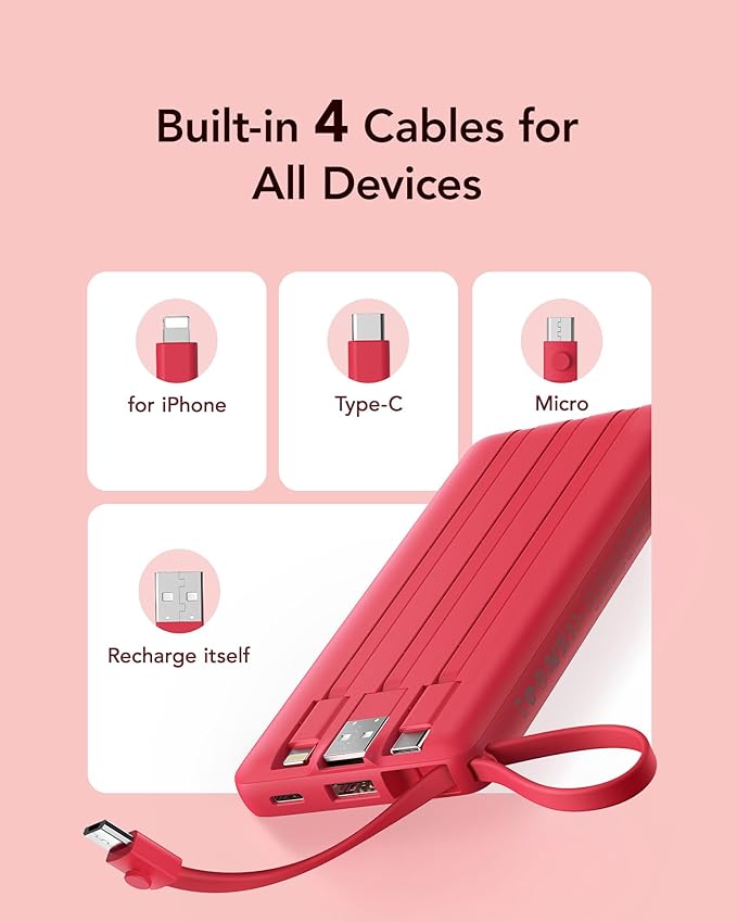 VRURC Portable Charger, 10000mAh Power Bank Built in Cables for iPhone, Slim Compact Travel Essential, 5 Outputs 2 Inputs USB C Battery Pack for iPhone 17 16 15 14 13, Samsung, Android etc-Magenta